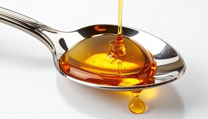 Golden liquid being poured into a silver spoon, forming a shiny, viscous pool. A droplet is forming at the bottom edge against a bright white background