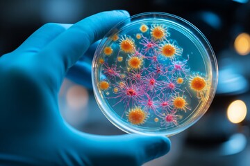 A hand covered with a glove holds a petri dish featuring a vibrant culture of microorganisms. The colorful display includes yellow and pink forms under soft laboratory lighting