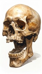 Anatomical study showing a skull in profile with an open jaw, rendered in a painterly style with careful attention to shadows and bone texture