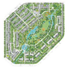 Fototapeta premium A detailed urban master plan illustrates a modern, sustainable community, integrating residential areas, green parks, paths, and water features.