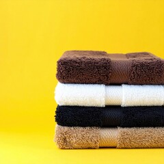 Stack of folded, plush towels in shades of brown, white, and black against a bright yellow backdrop. Simple, clean aesthetic