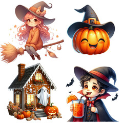 Cute Halloween characters: a pink-haired witch on a broom, a smiling pumpkin, a gingerbread house with ghosts and pumpkins, and a cheerful vampire boy. Bright, whimsical, festive art style.