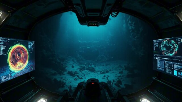 Submersible interior showing underwater scene with monitors displaying data