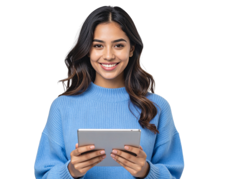 A young woman wearing a blue sweater, holding and interacting with a tablet computer, 403607