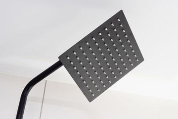 Close-up of black shower head in bathroom