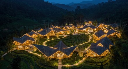 Obraz premium Cozy cluster of illuminated, bamboo-roofed buildings nestles serenely in a mountainous, lush green valley at twilight