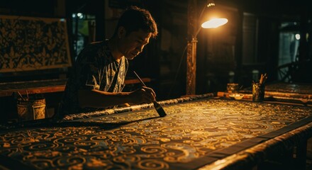 Man intently paints a large textile artwork in a dimly lit workshop, bathed in warm lamp light