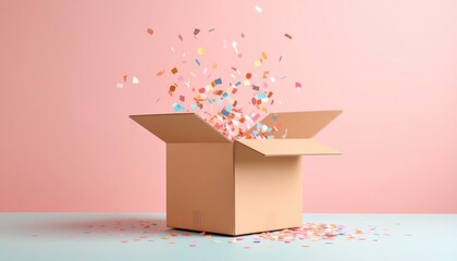 A tan cardboard box with open flaps sits against a pink backdrop, with a scattering of multi-colored confetti erupting from within, onto the blue surface