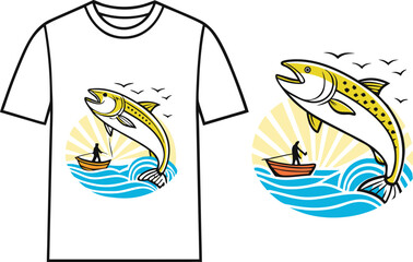 Fisherman in boat catching leaping salmon with sunburst and waves fishing