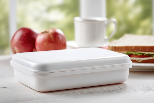 White lunchbox with sandwich and apple
 - Powered by Adobe