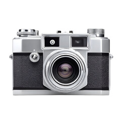 Fototapeta premium Vintage charm: a silver and black camera set against a captivating black backdrop