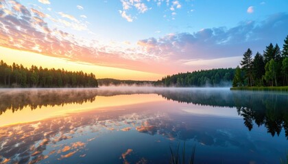 Fototapeta premium Serene lake reflecting vibrant sunrise clouds, framed by dark forest silhouettes under a misty sky. Water is still, creating perfect mirrored image