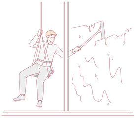 A highly skilled window cleaner dangles safely from a harness while meticulously cleaning a very large window pane