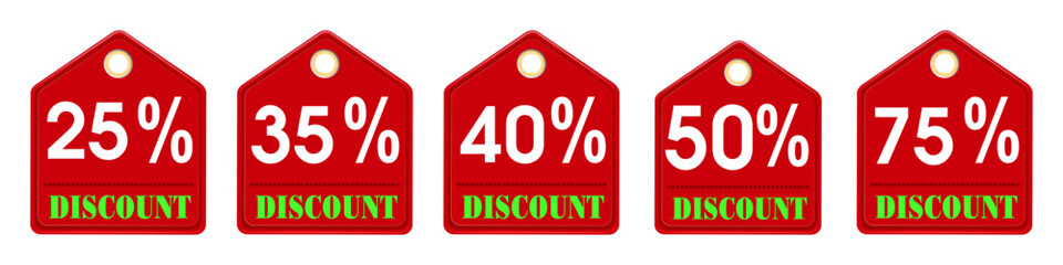Discount tags banner with different sale percentage. Red label price tag,  25, 40, 50, 75, percent discount voucher collection.