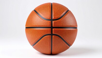 Obraz premium A textured, orange basketball with black seams sits centered against a bright white background. The seams wrap around its rounded form