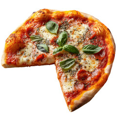 Delicious pepperoni pizza with fresh basil leaves mozzarella cheese and tomato sauce ready to be served and enjoyed tonight on transparent background