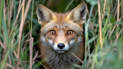 Obraz premium Fox with glowing eyes peeks through tall grass, creating captivating and mysterious scene