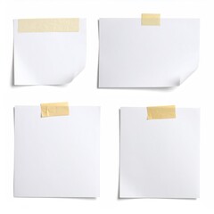 Four blank white square notes, each attached with beige tape, are arranged against a white background, casting soft shadows