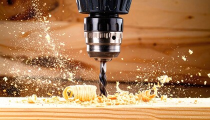 Close-up of a drill boring into wood, with wood shavings flying. The backdrop is wood paneling, giving it a rustic, handmade feel