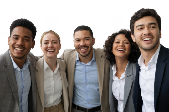 Diverse group of five professionals smiling and looking confident in business attire transparent background