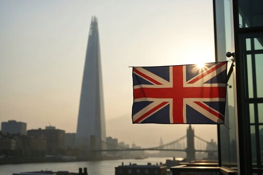 A minimalist photograph of the British Union Jack hanging still beside The Shard in London at dawn, with soft, ethereal morning light. - Powered by Adobe