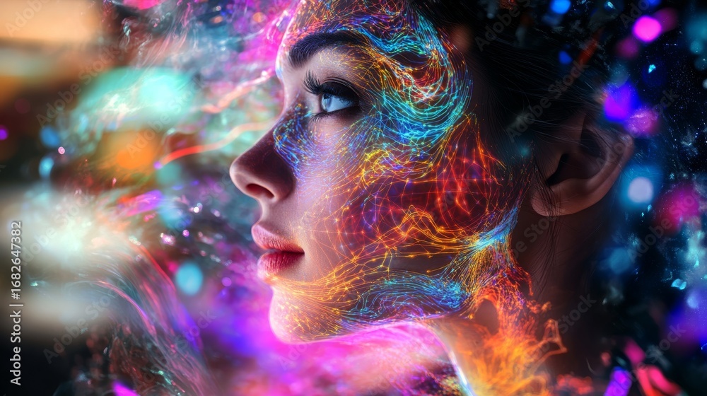 Wall mural a captivating close-up view of a woman's face enveloped in vibrant colors. this mesmerizing image ca