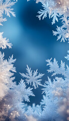Frozen winter background with delicate ice crystal and snow flask