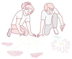 Two joyful children create colorful chalk drawings outdoors, showcasing creativity and having fun together