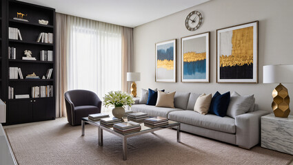 modern living room, home interior design, modern and sophisticated ambience. Emphasising comfort and elegance,  captivating atmosphere with plush furniture and artwork in the wall