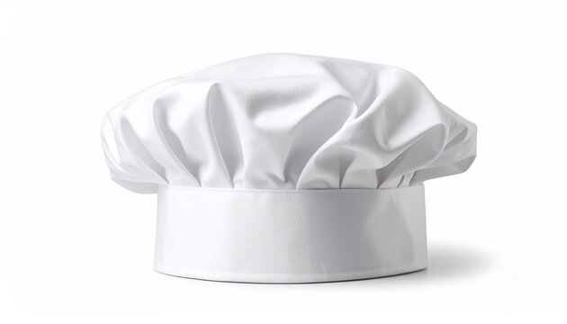 A crisp, white chef's hat sits on a white background, its puffy top casting a soft shadow, representing culinary expertise and professional cooking attire