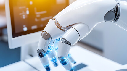 Robotic Hand with Blue Light Gripping Object Near Computer Screen