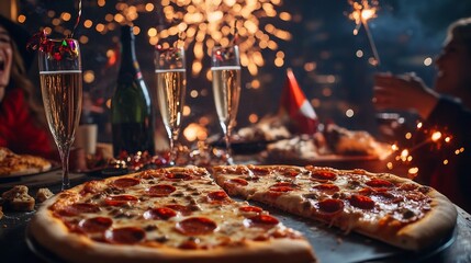Celebratory Pizza Party on New Year s Eve with Festive Confetti Champagne and Fireworks