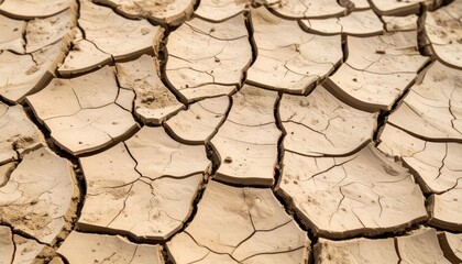 Arid landscape. Brown, cracked earth creates a textured surface with deep crevices in a parched, sun-baked environment showing signs of extreme dryness