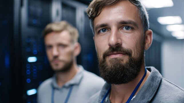 Bearded man IT technician in data center, serious expression suggesting cybersecurity role - Powered by Adobe