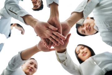 Close-up photograph capturing multiple hands united in a powerful circle of teamwork and collaboration transparent background