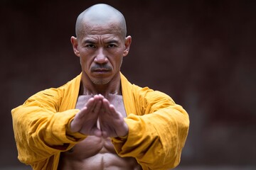 Martial artist in yellow robe, kungfu pose with karate and tai chi influence