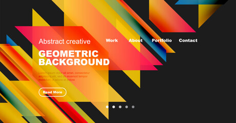Bright geometric design. Colorful shapes overlap, creating dynamic visual impact. Text promotes portfolio, work details.