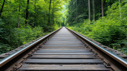 Obraz premium Old train tracks lead into dense forest, surrounded by lush greenery and tall trees
