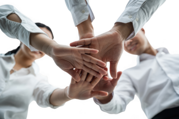 Diverse hands unite in powerful symbol of teamwork collaboration and shared success in business transparent background