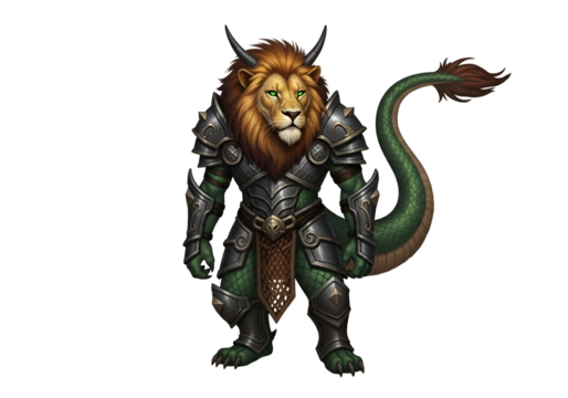 A magnificent lion-dragon hybrid, armored in dark metal, stands against a stark black backdrop.