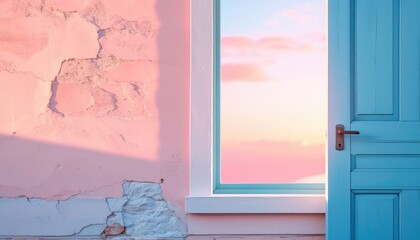 Dreamy view pink wall with an open blue door showing a soft, pastel sky. Warm light adds a serene touch to the inviting scene