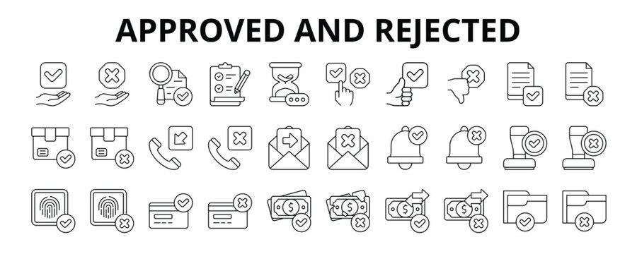 30 Approved and Rejected Line Icons Vector - Quality Control, Checklist Document, Pending, Choose, Email Sent, Email Failed, Card Received, Card Rejected 