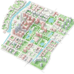 An isometric 3D rendering presents a conceptual urban master plan, featuring modern buildings, green parks, and water bodies, illustrating sustainable community development.