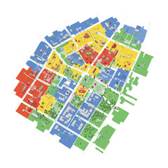 A detailed urban planning map illustrates a modern city's intricate layout, featuring distinct color-coded zones for residential, commercial, and green spaces.