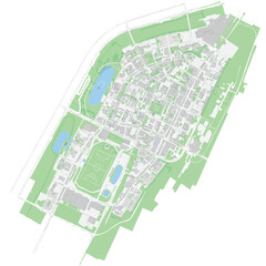 Fototapeta premium A minimalist bird's-eye perspective of a modern city or extensive campus, illustrating detailed architectural layouts, vibrant green spaces, and serene water features.