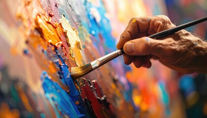 Close-up of an artist's hand painting a canvas with vibrant, thick strokes of blue, orange, and red paint. Brush poised, texture rich