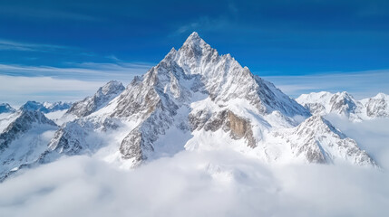 Fototapeta premium Snowy mountain peak surrounded by clouds and blue sky, showcasing breathtaking natural beauty