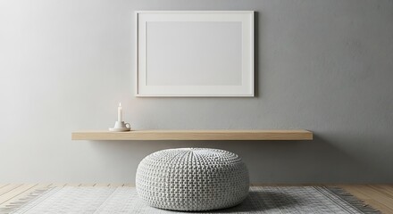 Minimalist interior design with a contemporary pouf and floating shelf displaying modern home decor