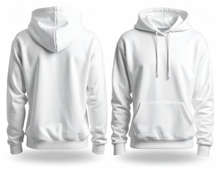 White hoodie showcased in front and back views, ideal for mockups. Soft lighting reveals its form. Isolated