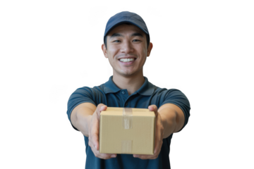 Friendly smiling asian delivery man holding a package with a cap on transparent background